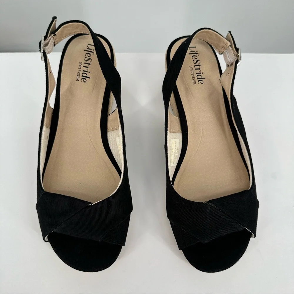 LifeStride Socialite Wedge Sandal in Black Canvas size 10W Ankle Strap Peep Toe